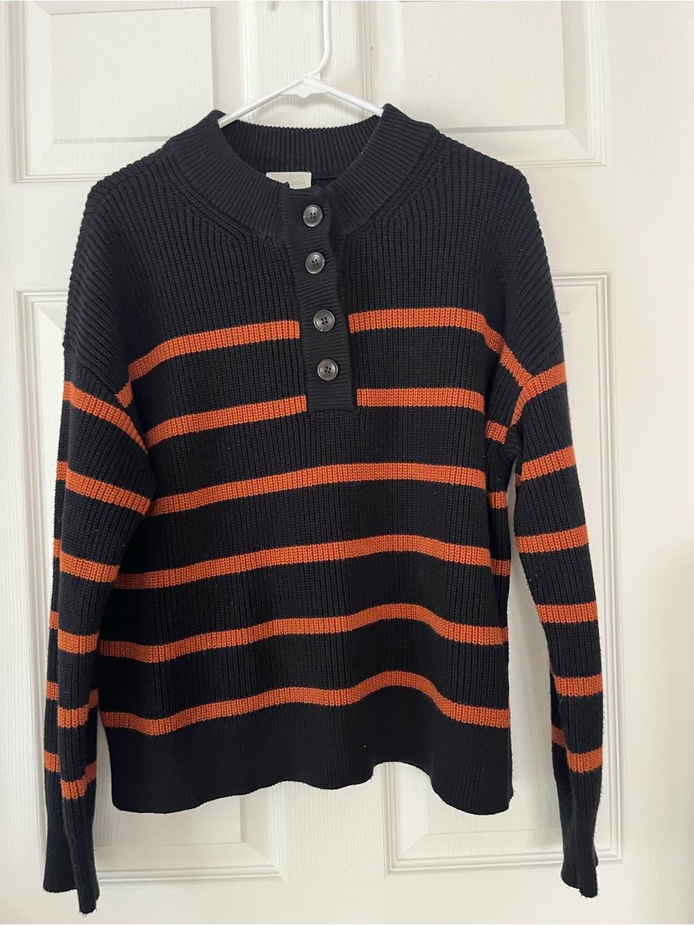Caslon Women’s L Black 4Button Crewneck Sweater,Orange Stripes, Pima Cotton Blnd